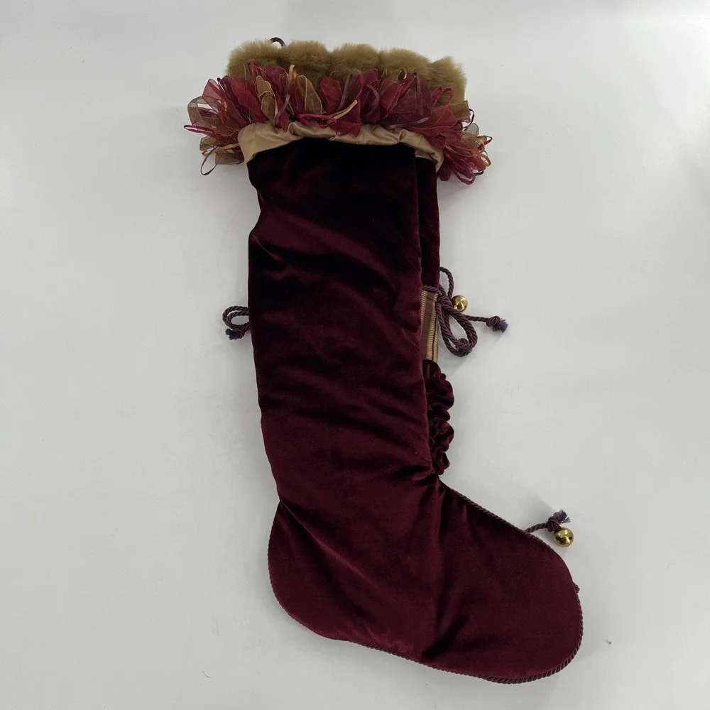 Victorian Luxury Christmas Stocking Fabric Brocade Velvet Faux Fur Ribbons Bells